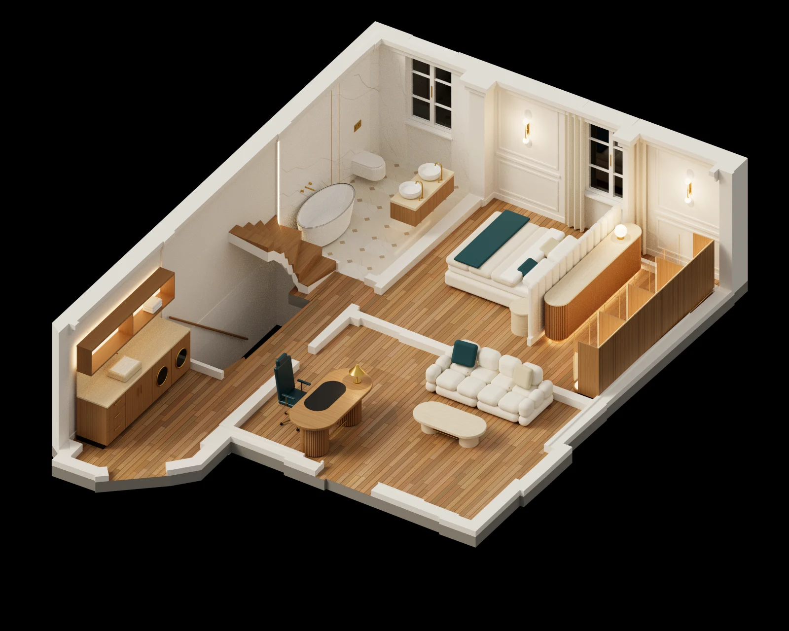 Axonométrie du premier étage : chambre et dressing, chambre et bureau, salle de bains, buanderie