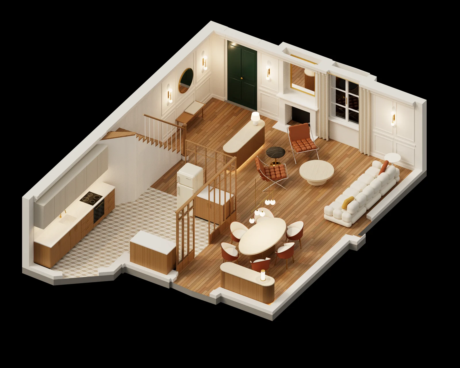 Axonométrie du rez-de-chaussée : entrée, salon, salle à manger et cuisine derrière sa verrière en bois