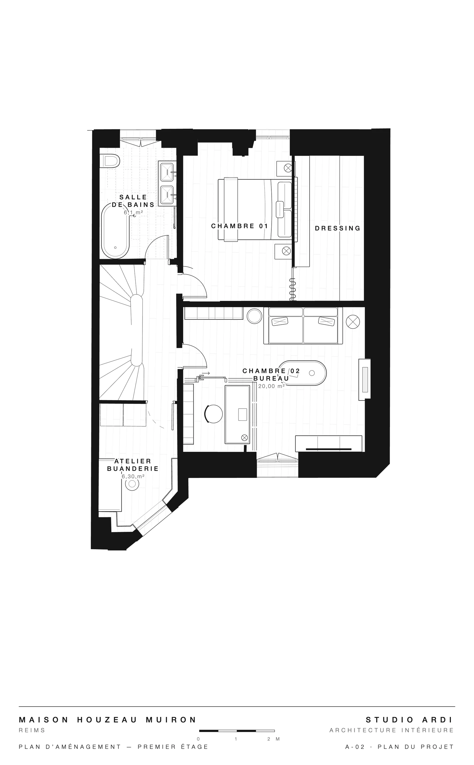 Plan du projet — premier étage : chambre et dressing, chambre et bureau vitré, salle de bains