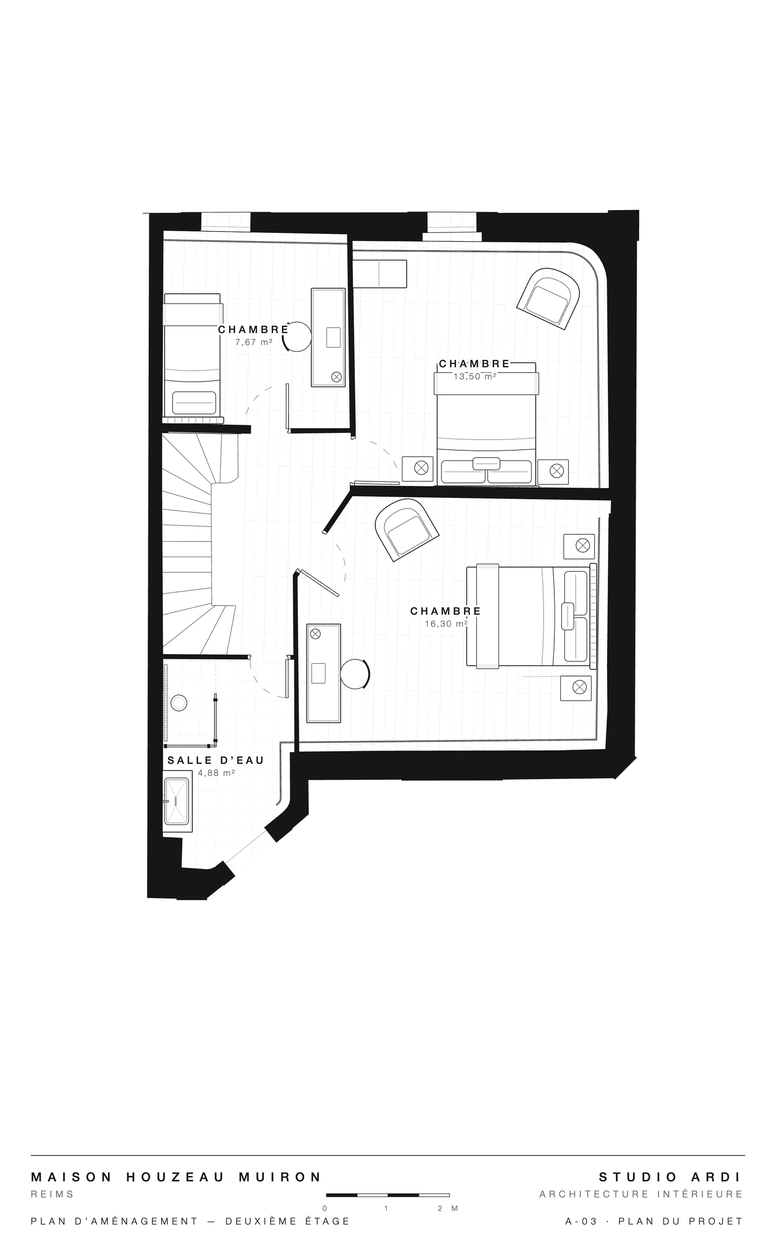 Plan du projet — deuxième étage : trois chambres et salle d’eau