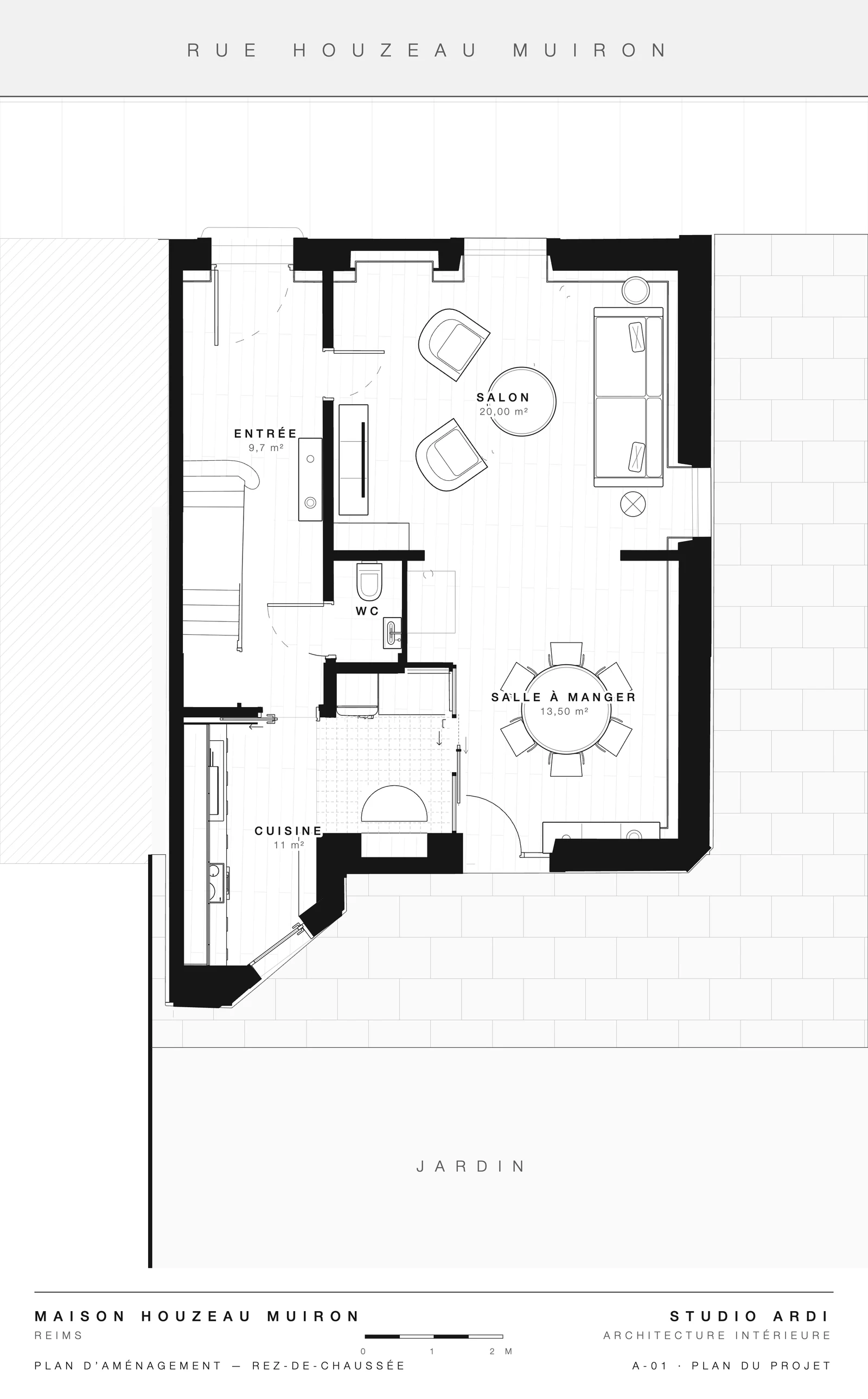 Plan du projet — rez-de-chaussée : entrée, salon, salle à manger, cuisine et jardin