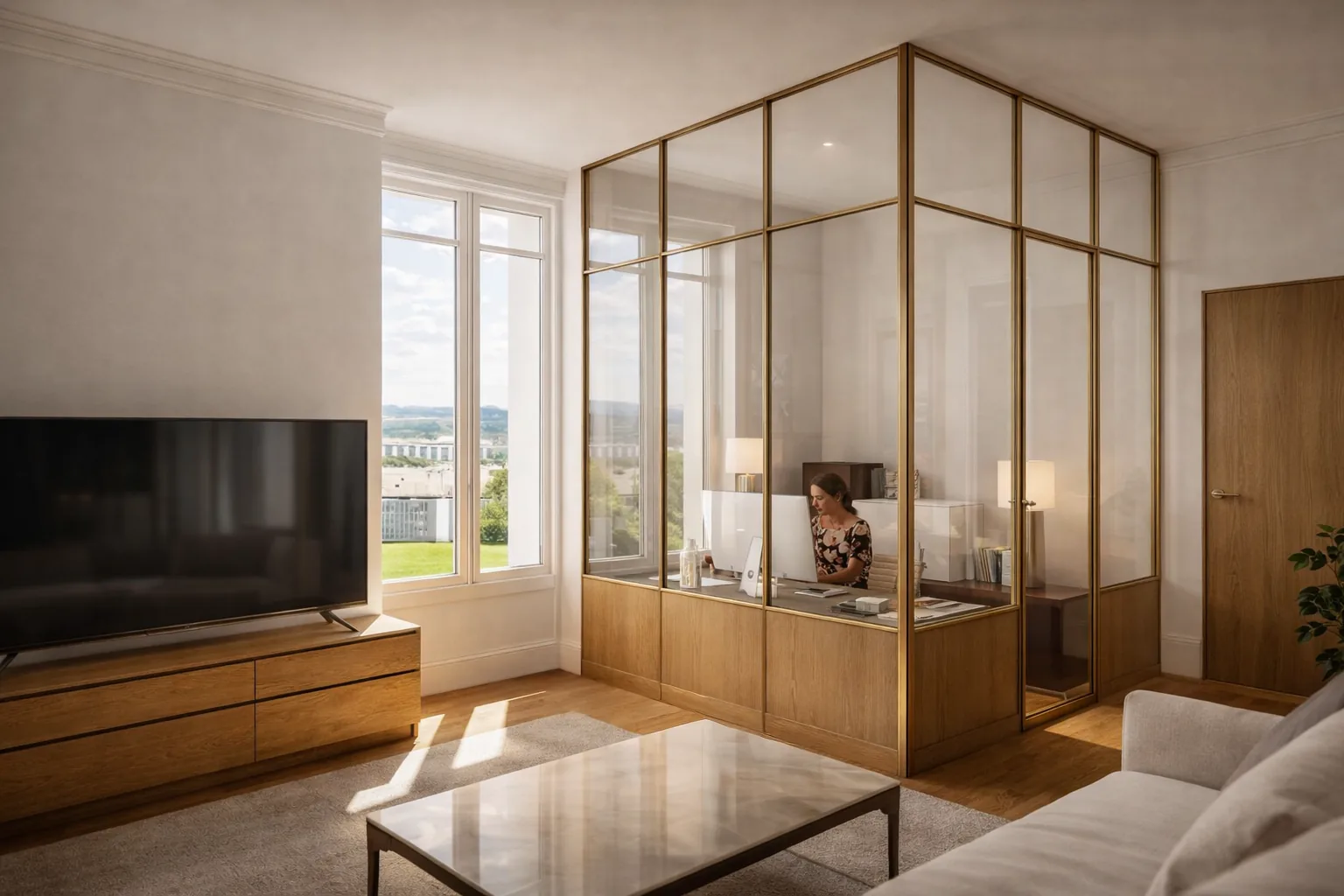 Salon et bureau vitré sur soubassement en bois