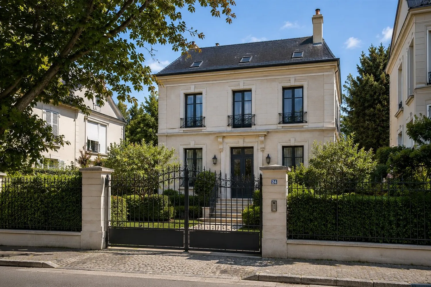 Façade de maison en meulière et jardin