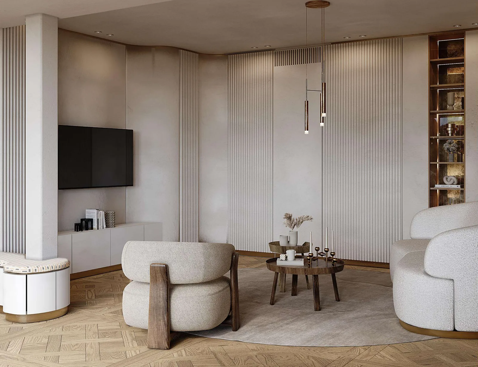 Rendu du coin salon, fauteuil en bois et bouclette