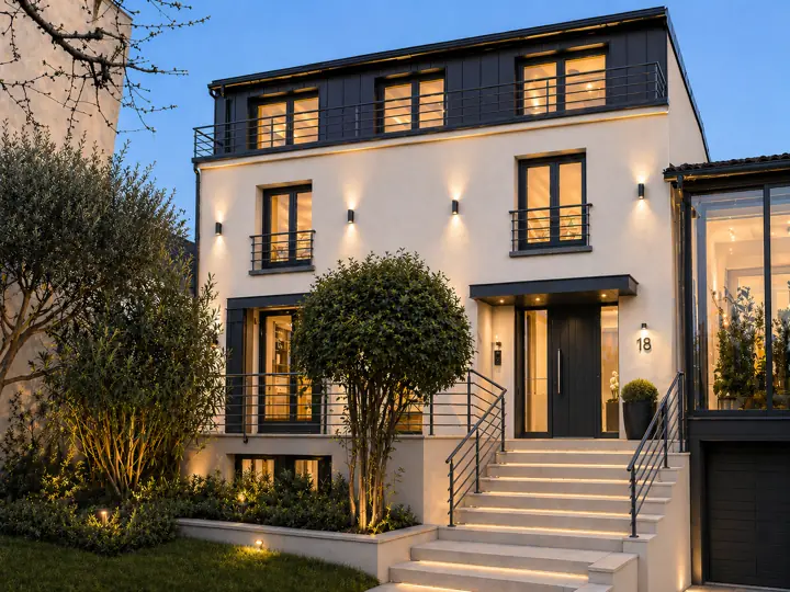 Rendu au crépuscule de la maison transformée en immeuble